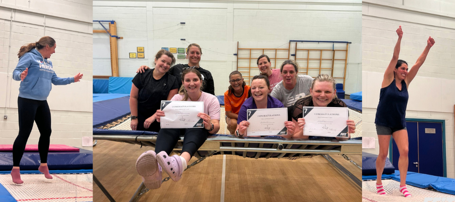 Various people trampolining including some showing achievement certificates.