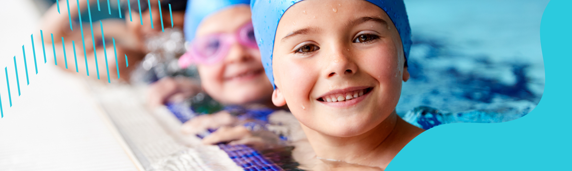 Children at a pool side smiling