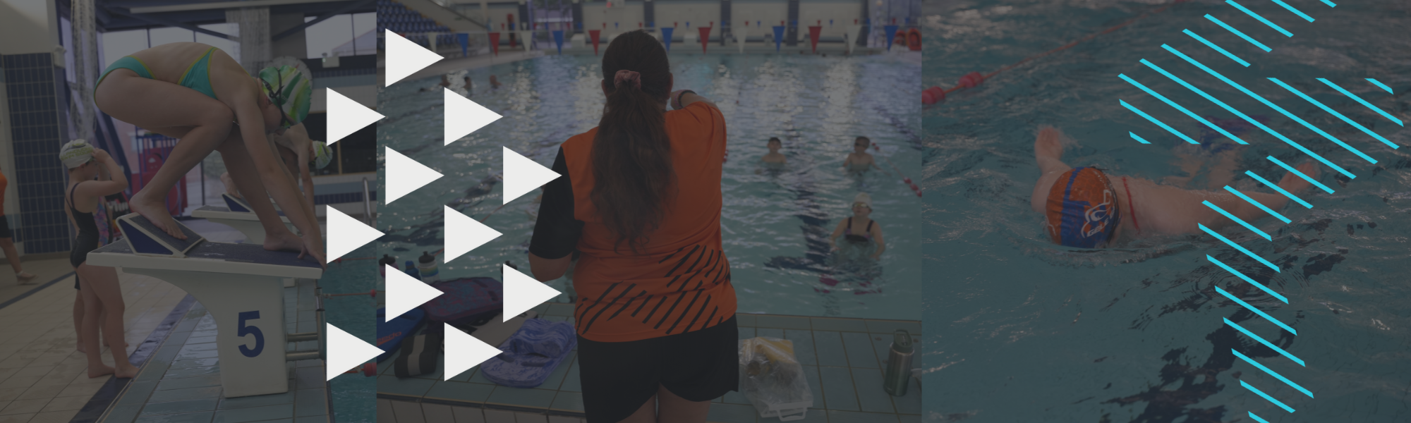 3 photos of different swimming lessons, the first shows a child on a diving board, the second is of an instructor teaching a swimming lesson and the third is of a child swimming
