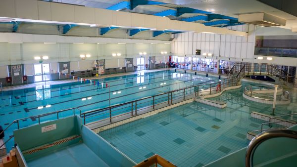 High level view across swimming pool.